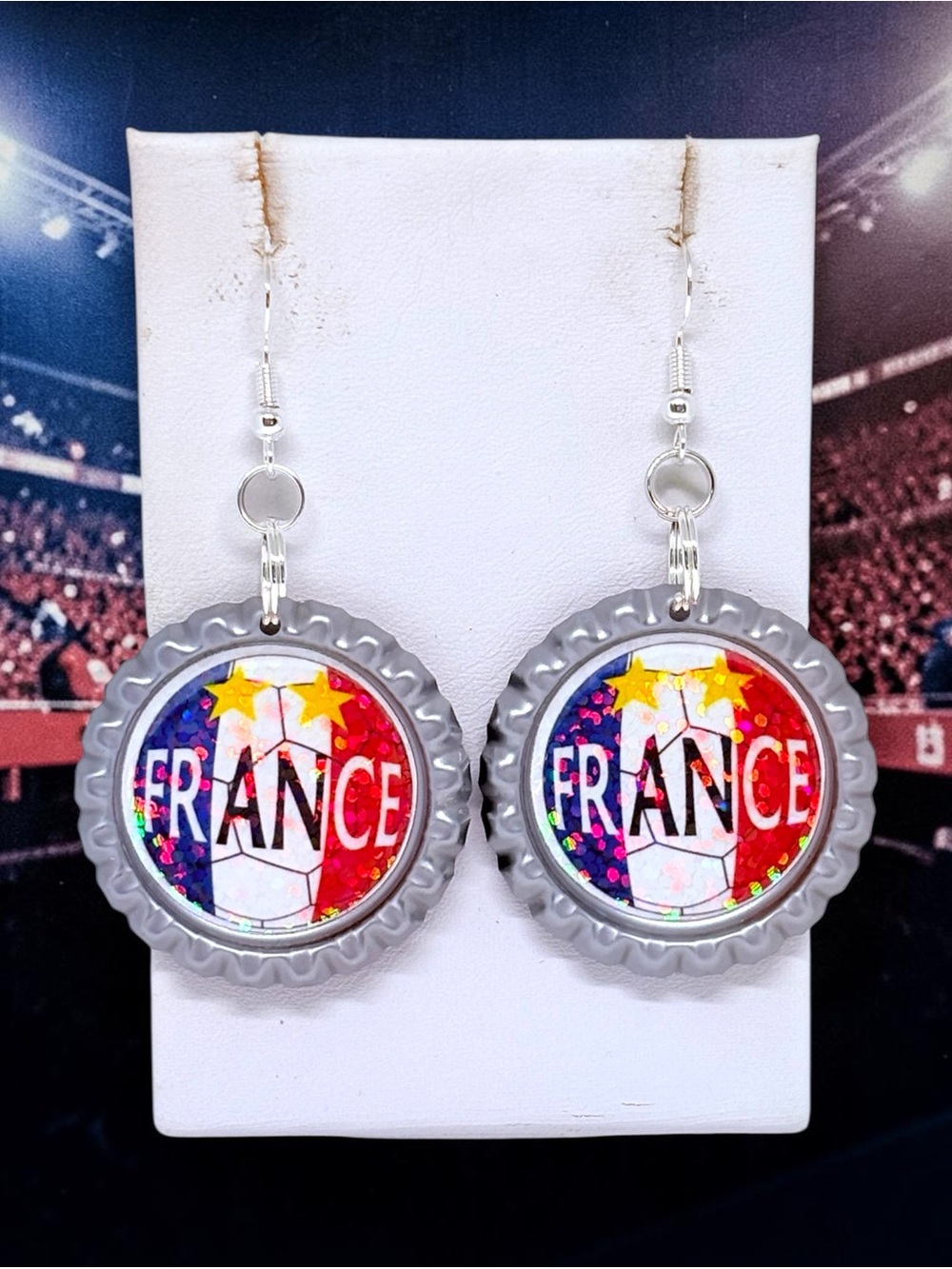 France Flag Bottlecap Dangle Earrings in Red, White & Blue